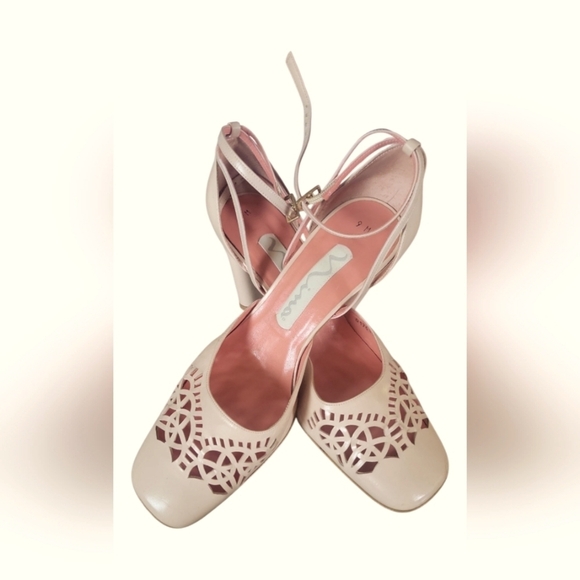 Nina Women's Vintage Pink Laser Cut Out Square Toe Leather Made In Spain Heels 9 - Picture 11 of 12